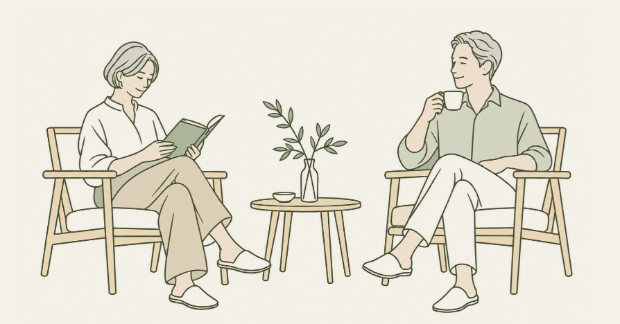 読書とコーヒーを楽しむふたりの線画