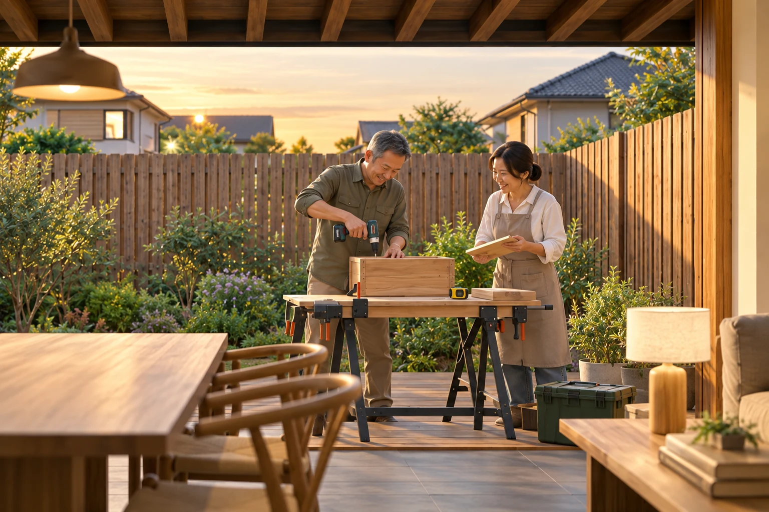深い軒と大開口で室内につながる庭で、木製プランターを一緒にDIYする50代の夫婦