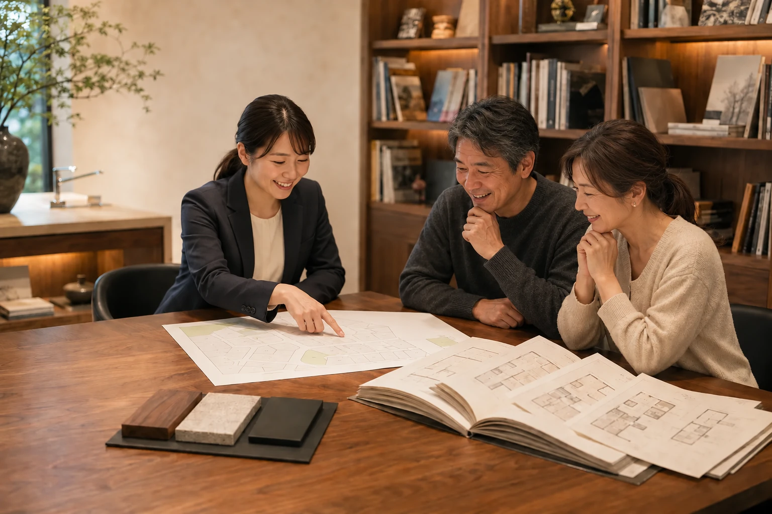 図面や素材を見ながら、担当者に土地や間取りを相談する50代のご夫婦